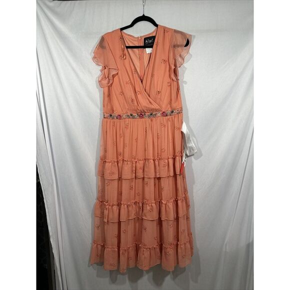NWT Mac Duggal [ 12 ] Floral Print Ruffle Tiered Faux Wrap Dress Apricot G1693‎ - Picture 8 of 15